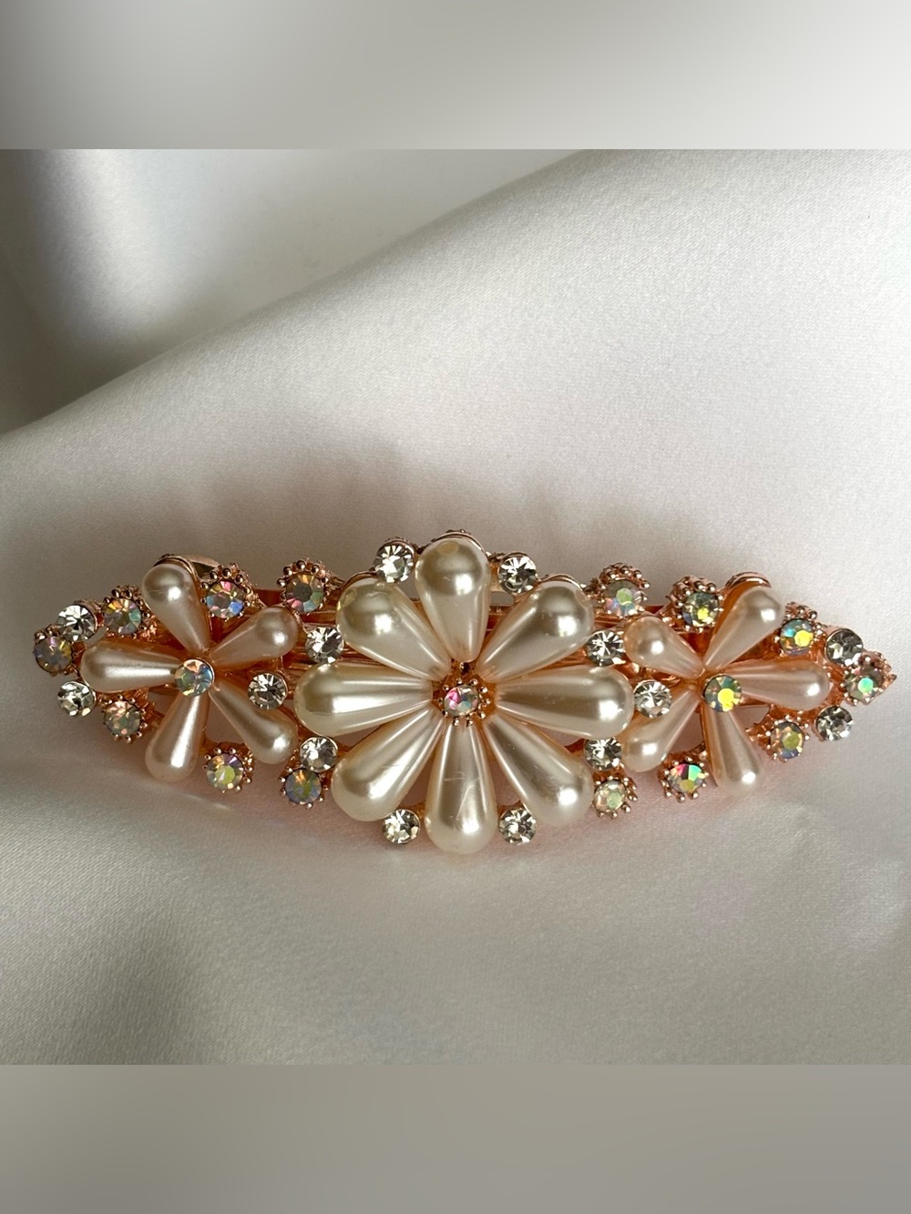 Pearl Flower Rhinestone Barrette Rose Gold Tone Hair Clip